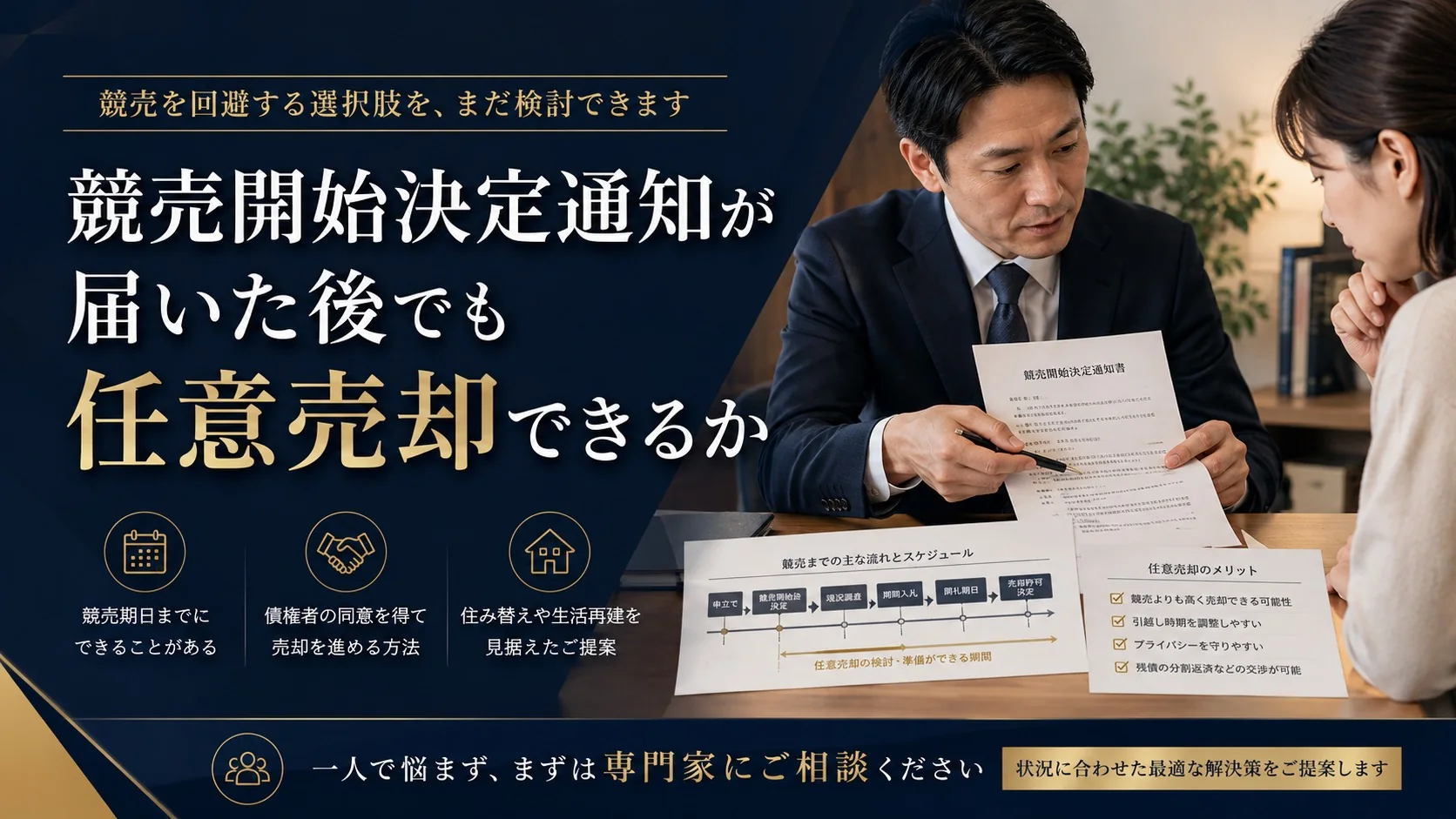 競売開始決定通知が届いた後に任意売却の可能性を相談する様子