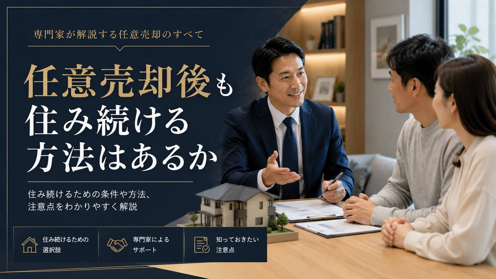 任意売却後も住み続ける方法を相談する家族と不動産担当者
