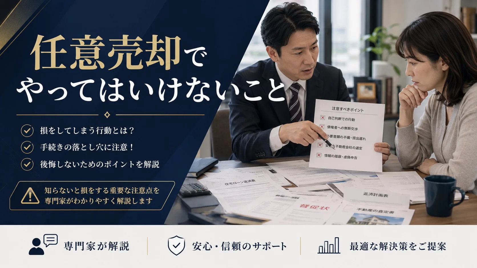 任意売却でやってはいけない注意点を説明する不動産担当者