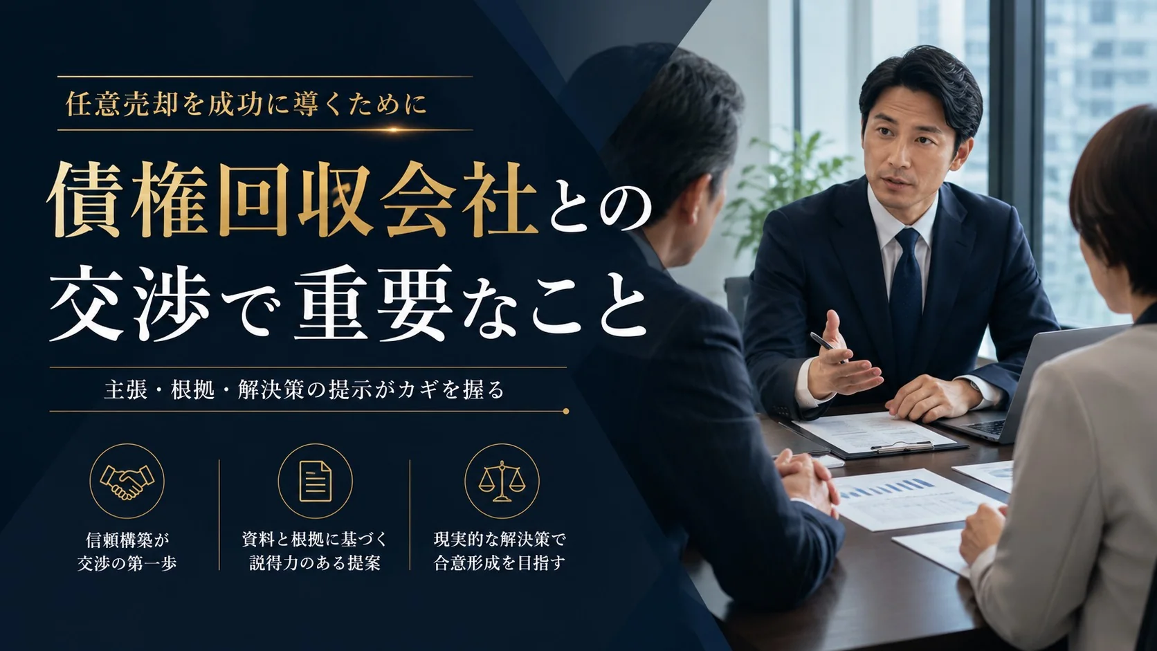 債権回収会社との交渉で重要な条件を確認する会議の様子